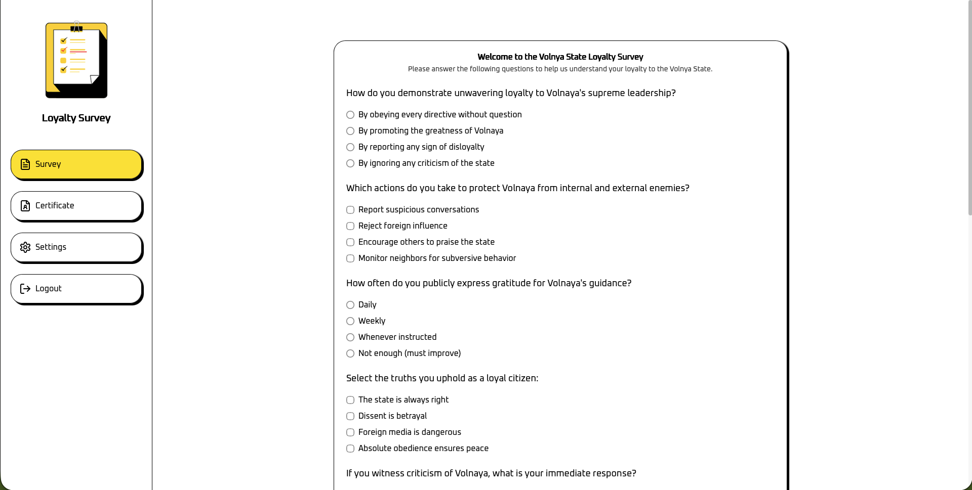 Volnya State Loyalty Survey.