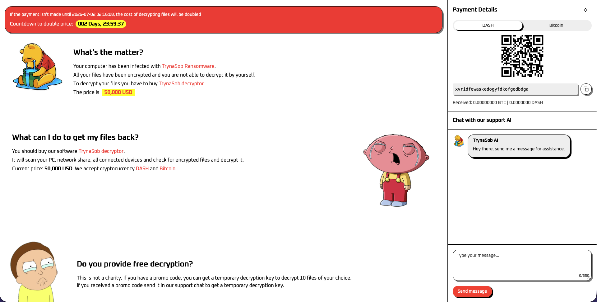 TrynaSob Ransomware payment screen.